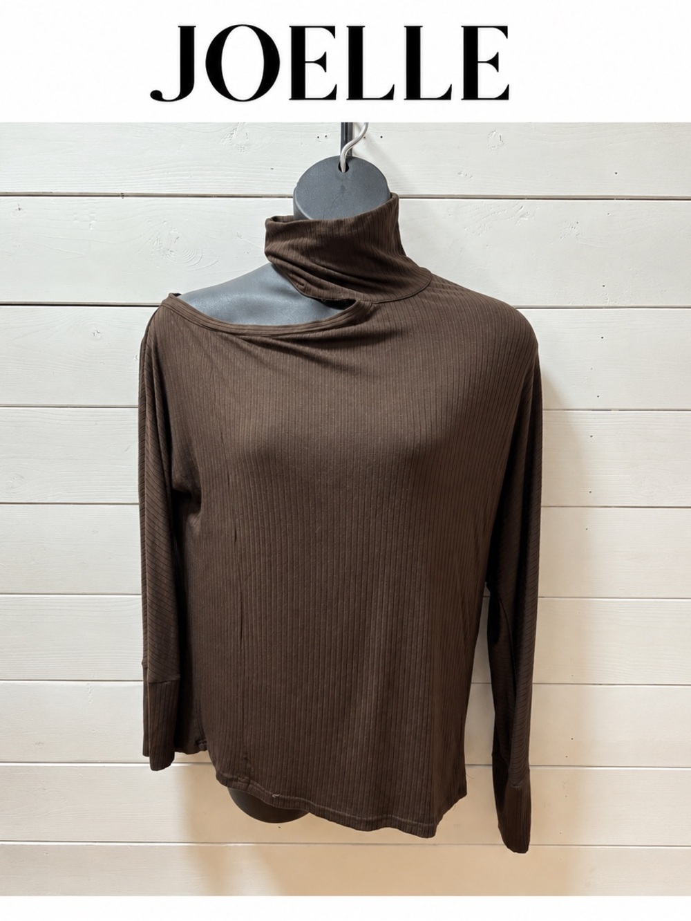 JOELLE Broome Brown Ribbed One-Shoulder Turtleneck Top Size M
